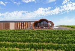 Line and Label Restaurant sitting on hill with green vineyards in foreground